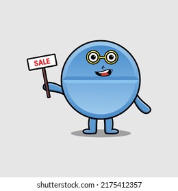 Cute cartoon pill medicine character holding sale sign designs in concept flat cartoon style