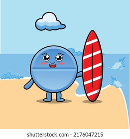 Cute cartoon pill medicine character playing surfing with surfing board in flat cartoon style illustration