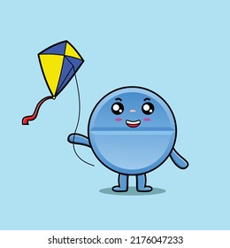 Cute cartoon pill medicine character playing kite flaying cartoon icon vector illustration