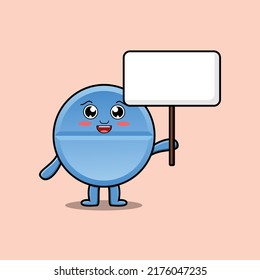 Cute cartoon pill medicine character holding blank board in vector cartoon style illustration