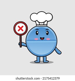 cute cartoon pill medicine chef holding wrong sign board in vector character illustration