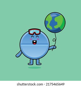 Cute cartoon pill medicine floating with world balloon cartoon vector illustration