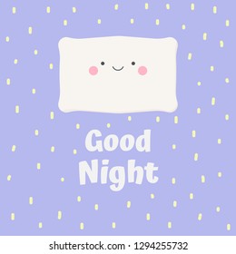 Cute cartoon pillow face for card or icon on dot background with Good night text, Vector Illustration.
