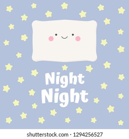 
Cute cartoon pillow face for card or icon on star dot background with Night Night text, Vector Illustration.