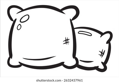 Cute cartoon pillows with stitches and patch details. Hand-drawn style, soft and cozy look in black outline.