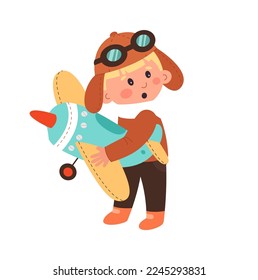 Cute cartoon pilot with toy plant flat icon. Vector illustration