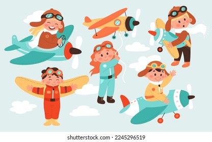 Cute cartoon pilots flat icons set. Cute baby with airplane toy, special flying suit and airplanes transport. Movement to different countries. Color isolated illustrations