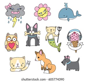 Cute cartoon pin badge icons. Vector illustrations.