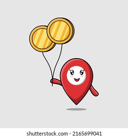 Cute cartoon pin location businessman floating with gold coin balloon cartoon vector illustration