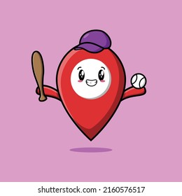 Cute cartoon pin location character playing baseball in modern style design
