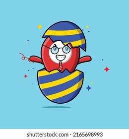 Cute cartoon pin location character coming out from easter egg look so happy in illustration cartoon