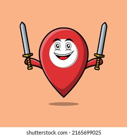 Cute cartoon Pin location character holding two sword in 3d modern design