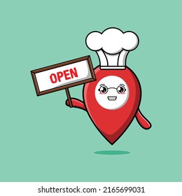 Cute cartoon pin location chef character holding open sign designs in concept 3d cartoon style