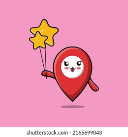 Cute cartoon pin location floating with star balloon cartoon vector illustration