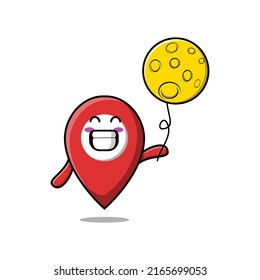 Cute cartoon pin location floating with moon balloon cartoon vector illustration