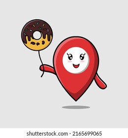 Cute cartoon pin location floating with donuts balloon cartoon vector illustration