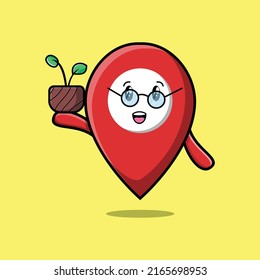 Cute cartoon pin location holding plant in a pot 3d modern style design