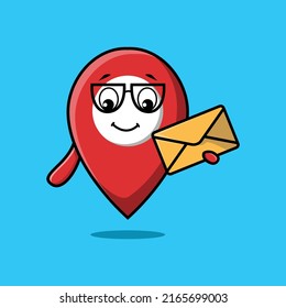 Cute cartoon pin location holding envelope with cartoon vector illustration style