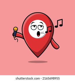Cute cartoon pin location singer character holding mic in 3d modern style design