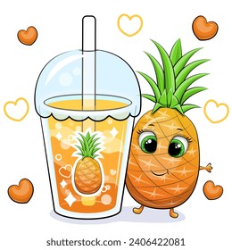 Piña de dibujos animados con una gran bebida de piña. Ilustración vectorial de frutas y una taza de agua amarilla sobre un fondo blanco con corazones anaranjados.