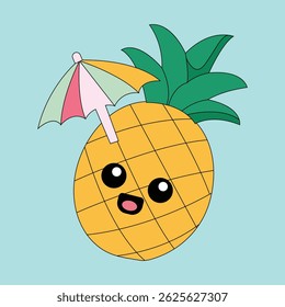 Cute cartoon pineapple with big eyes and a colorful umbrella, ideal for tropical and summer themes. Great for party invitations, kids' artwork, clipart packs,