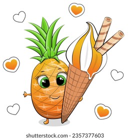 Cute cartoon pineapple with big ice cream. Summer vector illustration on white background with yellow hearts. 