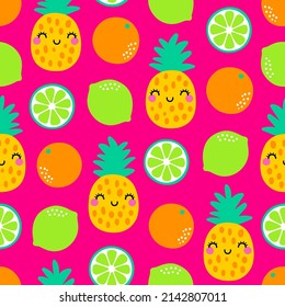 Piña de dibujos animados y frutos cítricos sin fisuras fondo de patrón.
