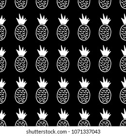 Cute cartoon pineapple design with hand drawn pineapples. Sweet vector black and white pineapple design. Seamless monochrome doodle pineapple design for fabric, wallpapers, wrapping, cards and web.