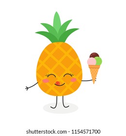 Cute cartoon pineapple enjoying delicious ice cream. Vector flat illustration isolated on white background 