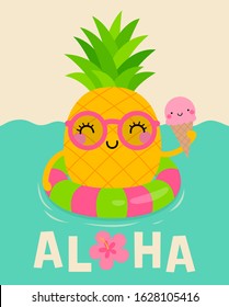 Cute cartoon pineapple floating in the ocean. Illustration design for summer holidays concept.