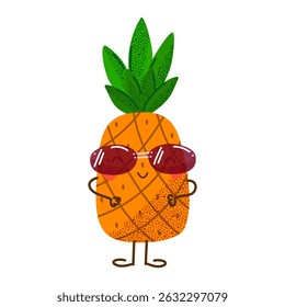 Cute cartoon pineapple fruit in sunglasses. Happy summer design for kids, prints, and decoration. Vector illustration
