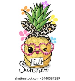 Cute Cartoon Pineapple in glasses on a white background