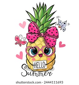 Cute Cartoon Pineapple in glasses on a white background