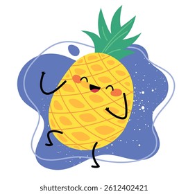 Cute cartoon pineapple with a happy face, green leaves, and arms raised on a blue splash background, perfect for fun summer designs.