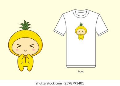 Cute cartoon pineapple illustration in vector design, with T-shirt mockup. EPS 10