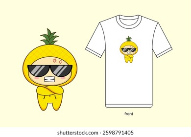 Cute cartoon pineapple illustration in vector design, with T-shirt mockup. EPS 10