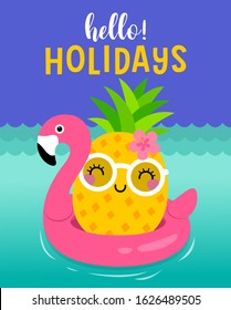 Cute cartoon pineapple with inflatable flamingo floating in the ocean. Illustration design for summer holidays concept.