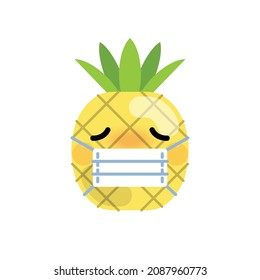 Cute cartoon pineapple with medical mask. Sick face emoji vector icon.