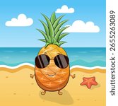 A Cute Cartoon Pineapple on the Beach. Summer vector illustration with sea, sun, sand, starfish.