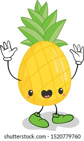 Cute cartoon pineapple. Organic vegetarian healthy food vector illustration. Isolated on white background.