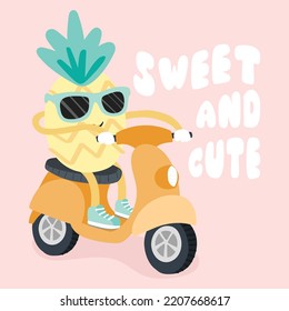 cute cartoon pineapple riding a scooter