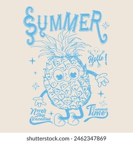 Cute Cartoon Pineapple summer hello Graphic Design for T-shirt. Vector banner with a ripe pineapple and a calligraphic. summer poster, flyer, invitation, t-shirt design. Summer backgrounds collection