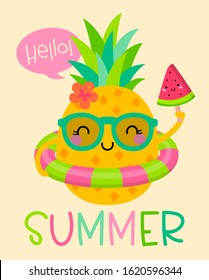 Cute cartoon pineapple with sunglasses illustration design for summer holidays concept.