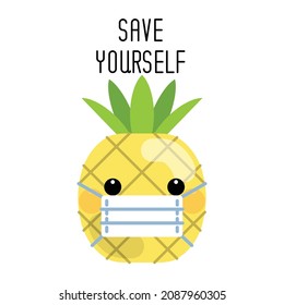 Cute cartoon pineapple wearing face mask protection from dust and virus isolated on white background. Vector illustration for prevention the spread of bacteria, coronaviruses.