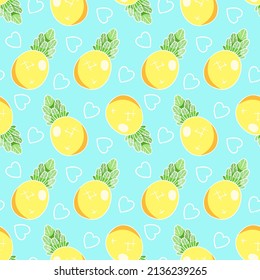 Cute cartoon pineapples and hearts, seamless vector pattern, hand-drawn