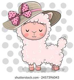 Cute Cartoon pink alpaca in beach hat