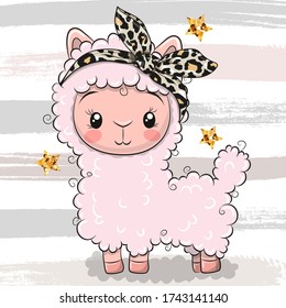 Cute Cartoon Pink Alpaca with a bow isolated on a striped background