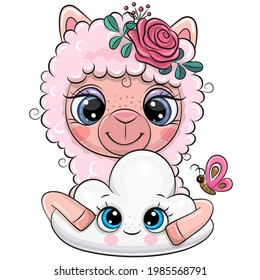 Cute Cartoon Pink Alpaca with a flowers and cloud