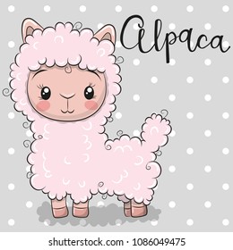 Cute Cartoon pink alpaca on a gray background