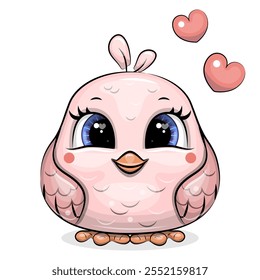 Cute cartoon pink baby bird. Vector illustration of animal on white background.